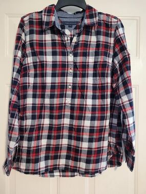 Tommy Hilfiger Red, Navy and White Plaid Popover Shirt